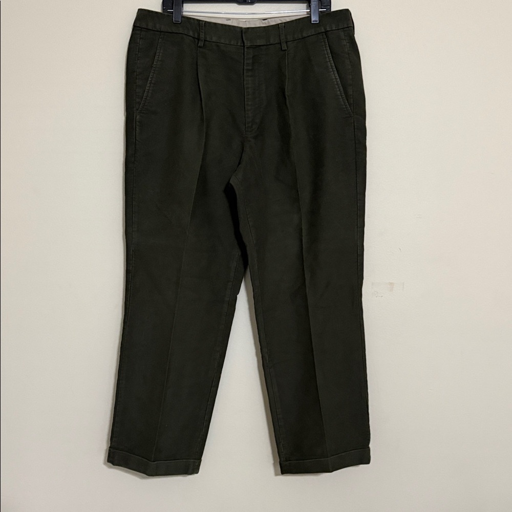 Vintage Barbour Men Olive Green Pants relaxed fit single pleat moleskin W36 Y2K